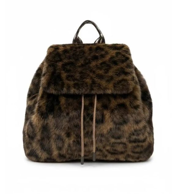 Sac à dos en fourrure synthétique avec imprimés animals - Marron foncé