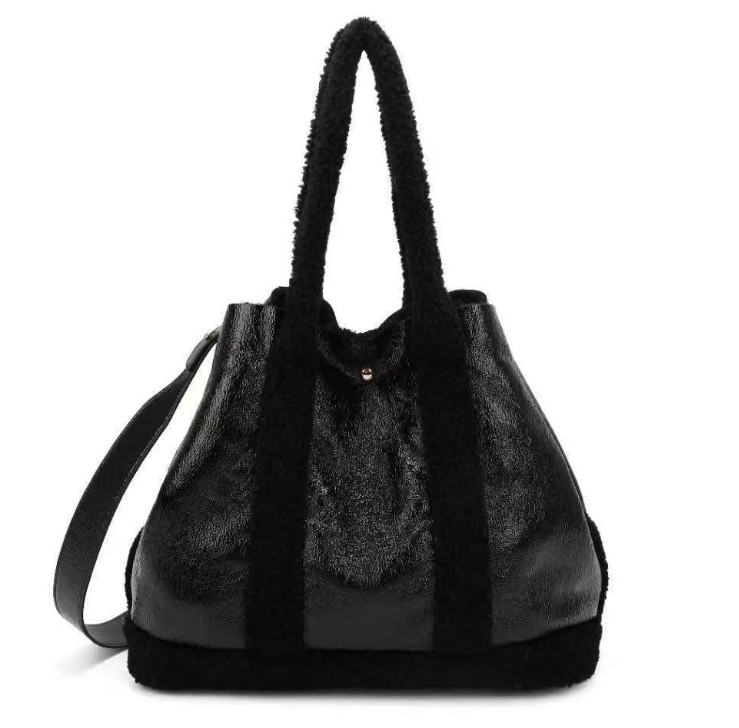 Grand sac épaule en textile brillant et moumoute - Noir