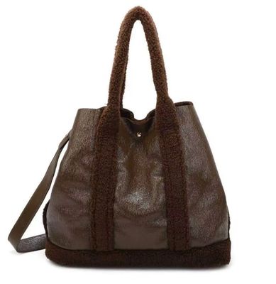Grand sac épaule en textile brillant et moumoute - Marron Foncé