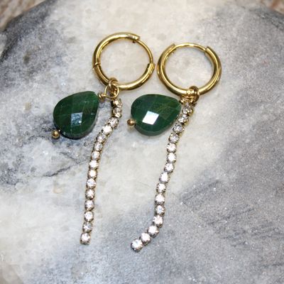 Créoles en acier doré avec chaîne rivière et pierre naturelle - Vert