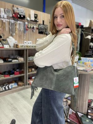 Sac épaule/bandoulière en daim à franges - Kaki