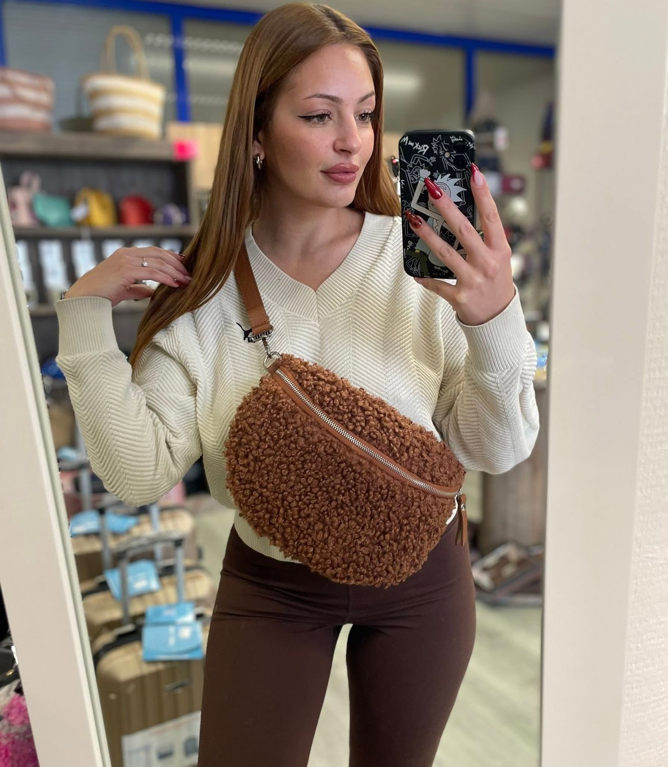 Sac banane en laine et cuir cognac