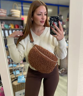 Sac banane en laine et cuir cognac
