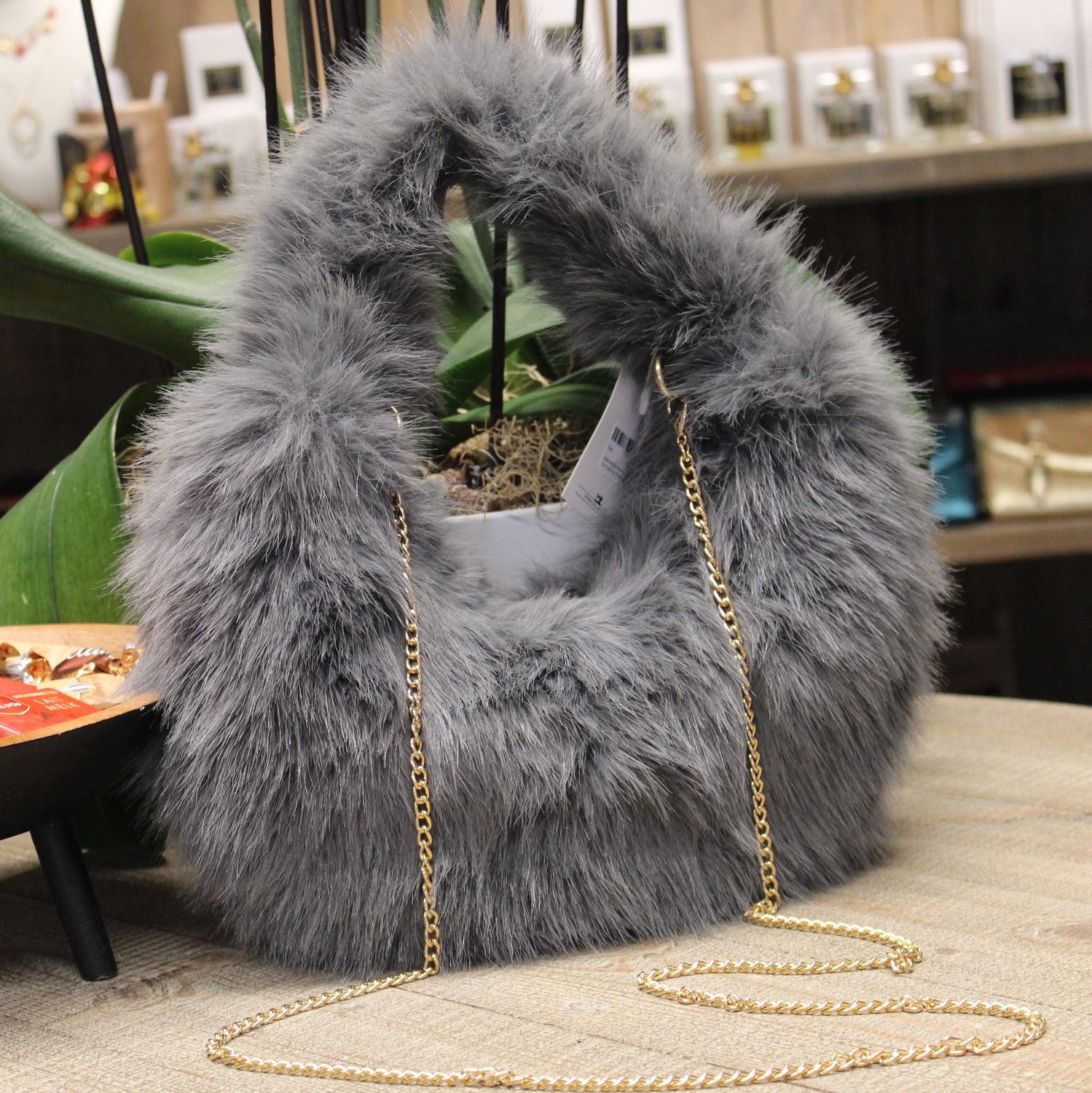 Sac épaule/bandoulière en fourrure synthétique gris