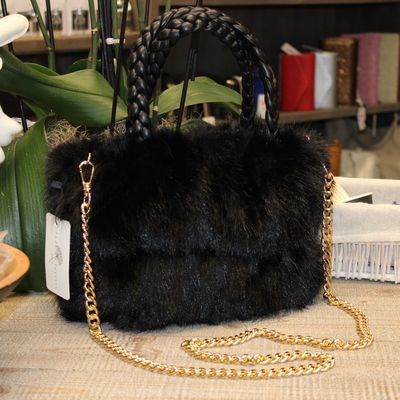 Sac cabas en fourrure synthétique et poignets tressés - Noir