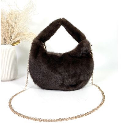 Sac épaule/bandoulière en fourrure synthétique - Marron Foncé