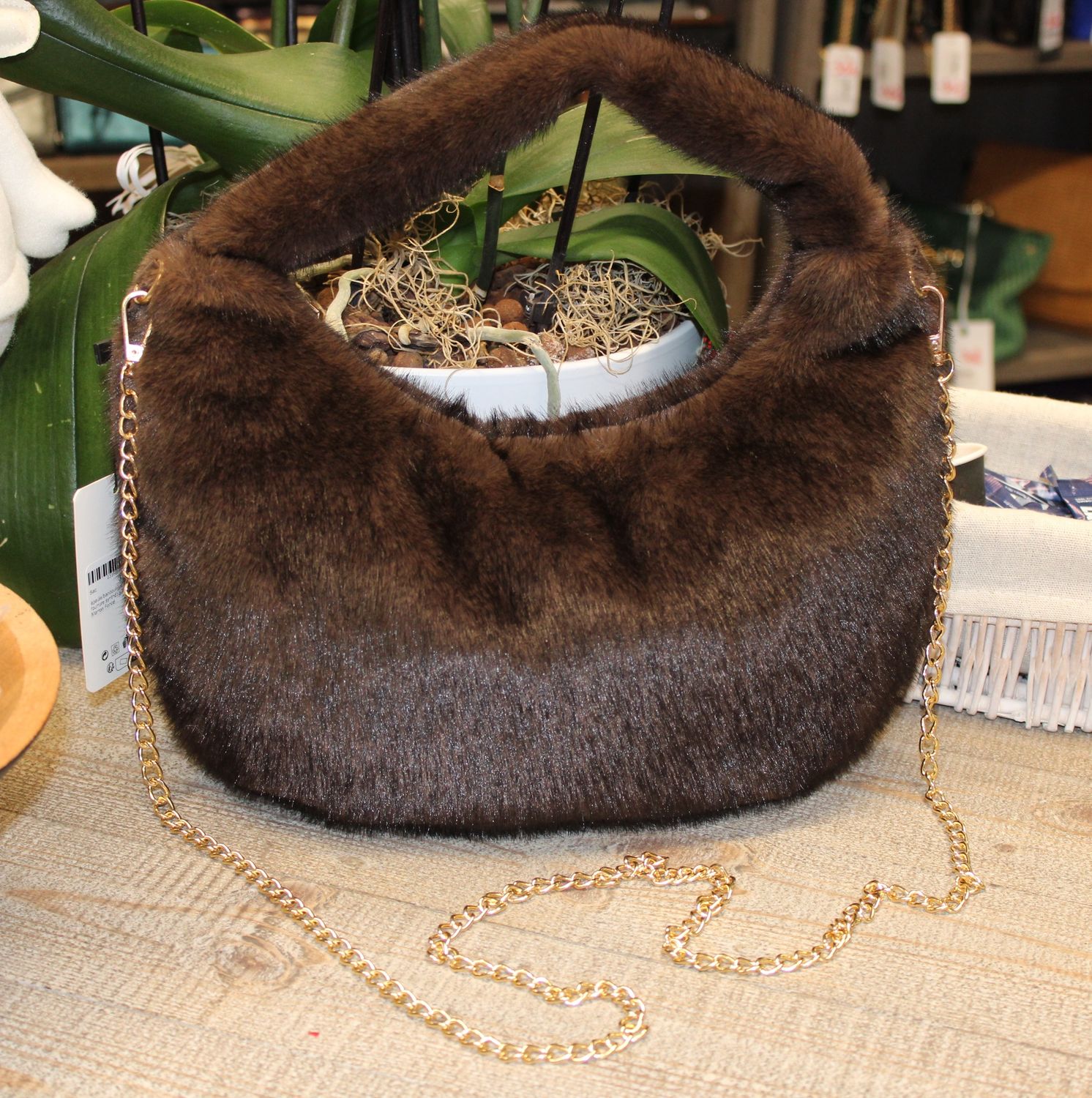 Sac épaule/bandoulière en fourrure synthétique - Marron Foncé