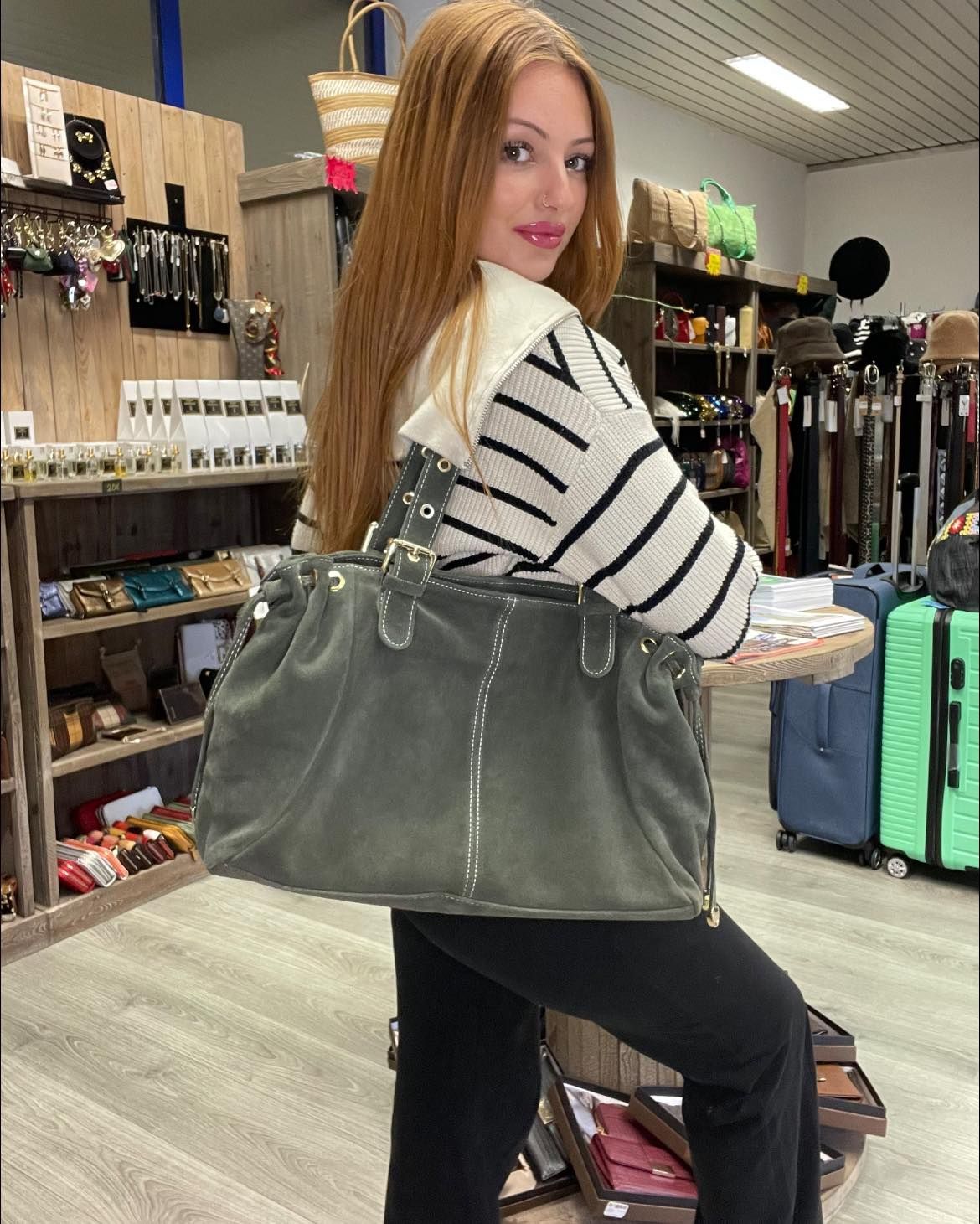 Grand sac épaule en daim - Kaki