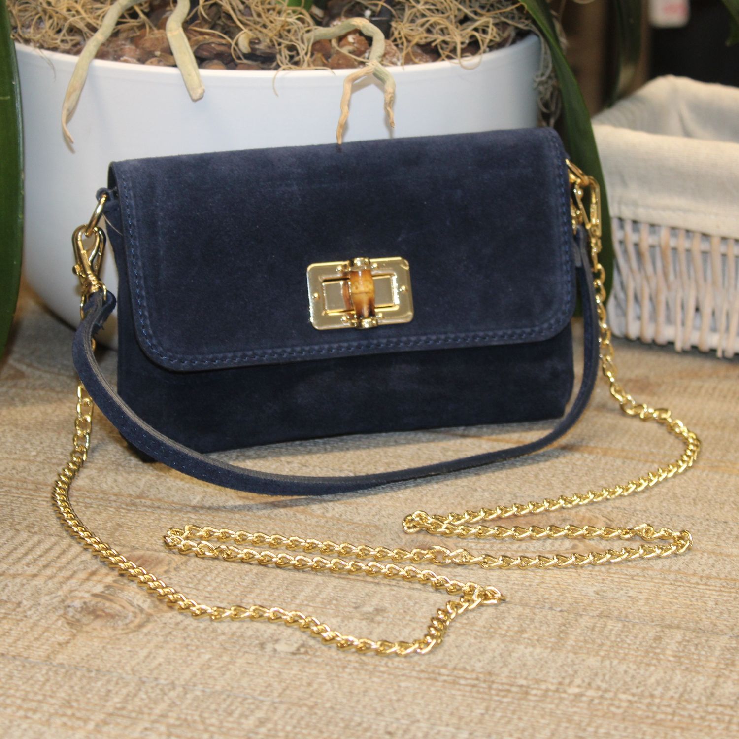 Pochette porté épaule/bandoulière en daim - Bleu Marine