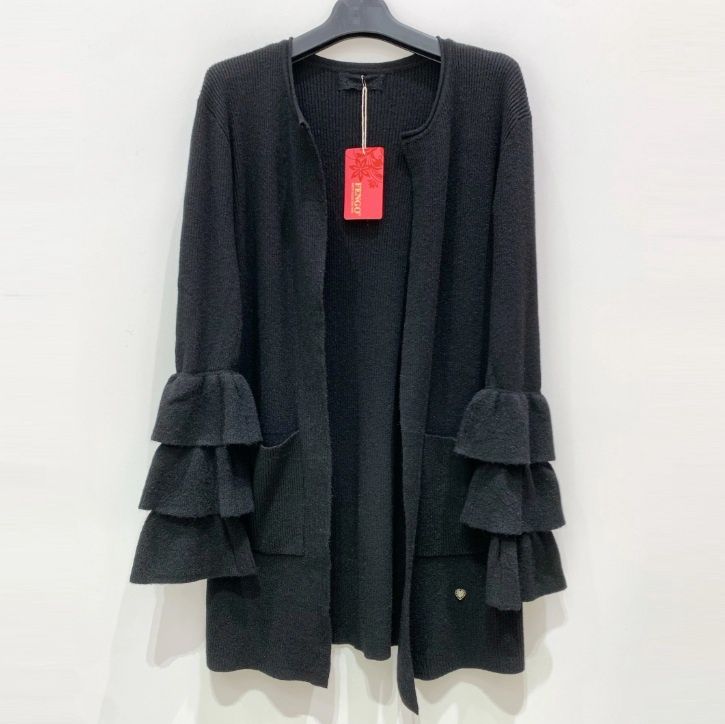 Gilet en maille fine et côtelée, mi-long avec manches évasé - Noir