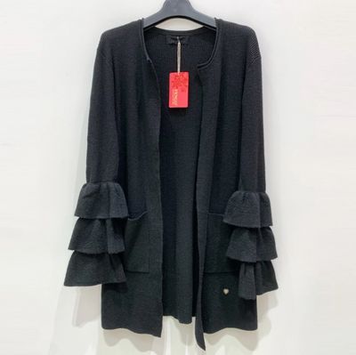 Gilet en maille fine et côtelée, mi-long avec manches évasé - Noir