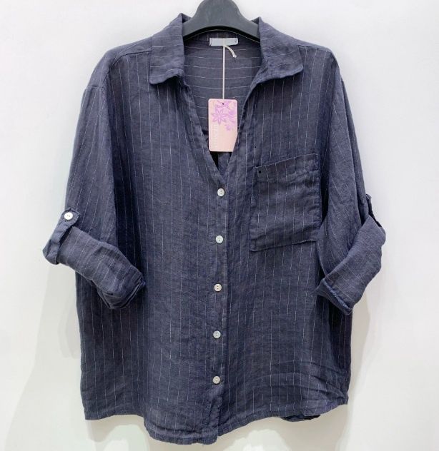 Chemise boutonnée, à fines rayures, 100% lin - Marine