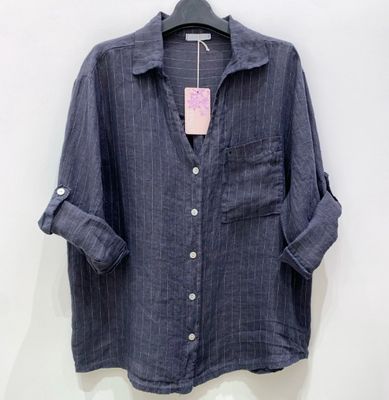 Chemise boutonnée, à fines rayures, 100% lin - Marine