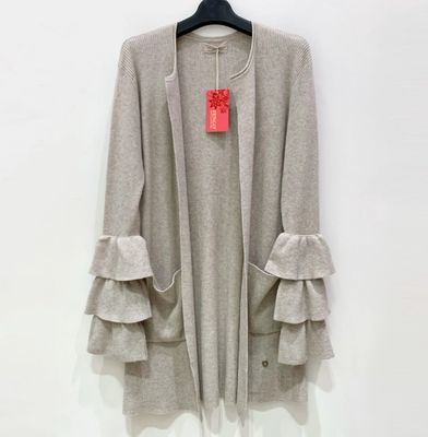 Gilet en maille fine et côtelée, mi-long avec manches évasé - Beige