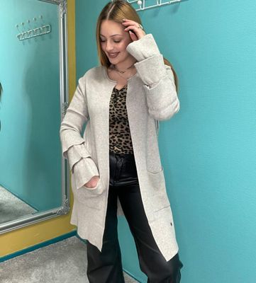 Gilet en maille fine et côtelée, mi-long avec manches évasé - Beige