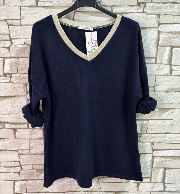 Pull fin et fluide en laine, angora et viscose - Marine