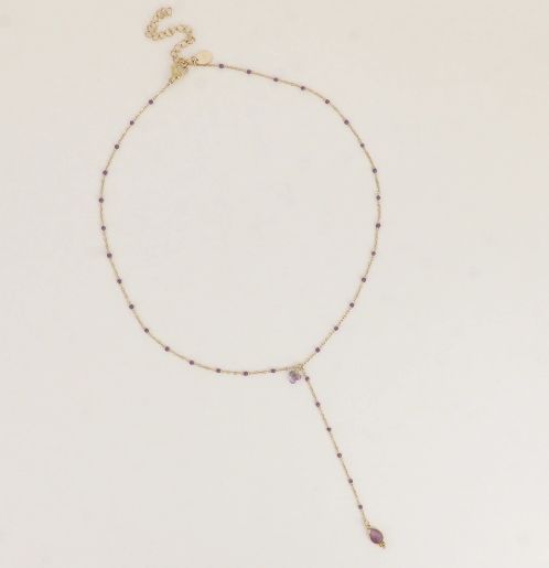 Collier en Y en acier doré et pierres naturelles - Violet