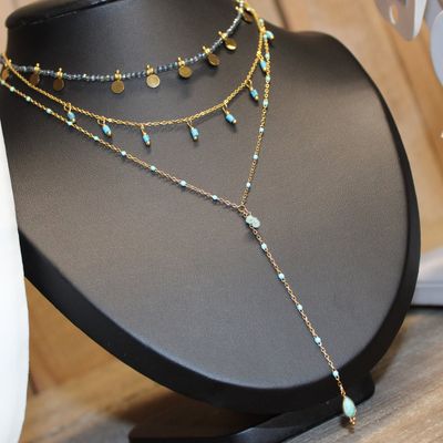 Collier en Y en acier doré et pierres naturelles - Turquoise