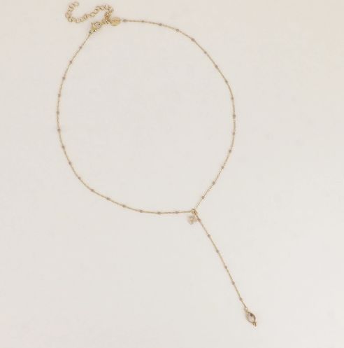 Collier en Y en acier doré et pierres naturelles - Beige