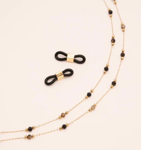 Sautoir/Chaine de lunette en acier doré et pierres naturelles - Noir
