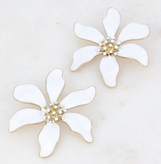 Boucles d'oreilles fleur en acier doré et émail coloré - Blanc