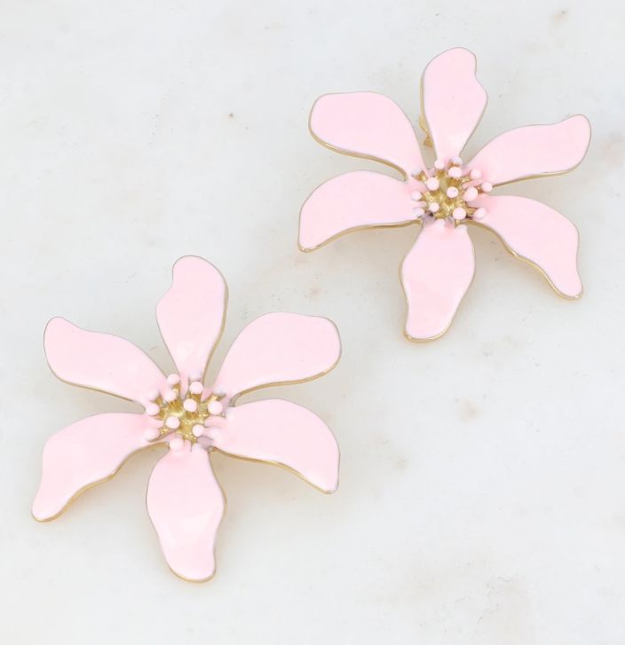 Boucles d'oreilles fleur en acier doré et émail coloré - Rose
