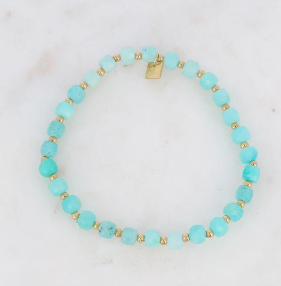 Bracelet en acier inoxydable doré et pierres naturelles - Bleu Clair