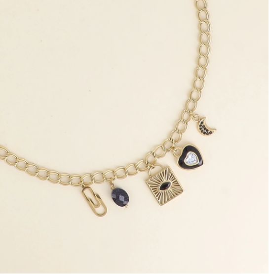 Collier à breloques en acier inoxydable doré et émail noir
