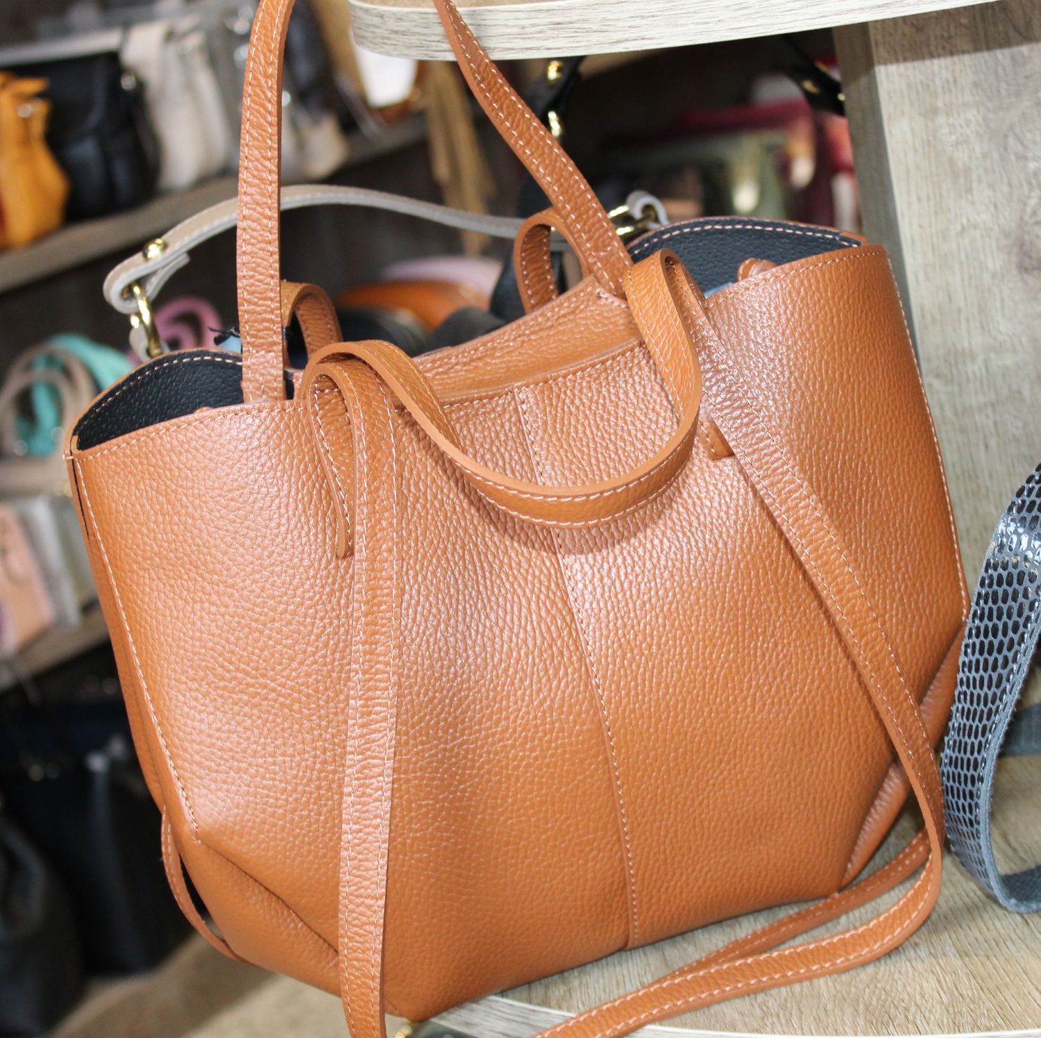 Sac modulable porté épaule en cuir grainé - Cognac
