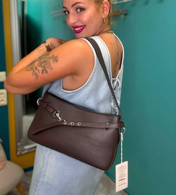 Sac épaule/bandoulière en cuir grainé - Marron