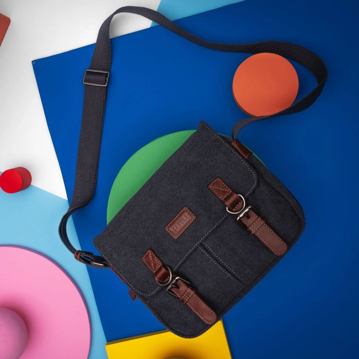 Sac bandoulière en toile et cuir - Marine