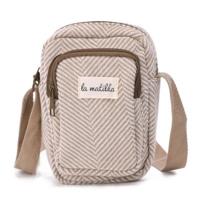 Pochette bandoulière en textile - Beige ligné taupe