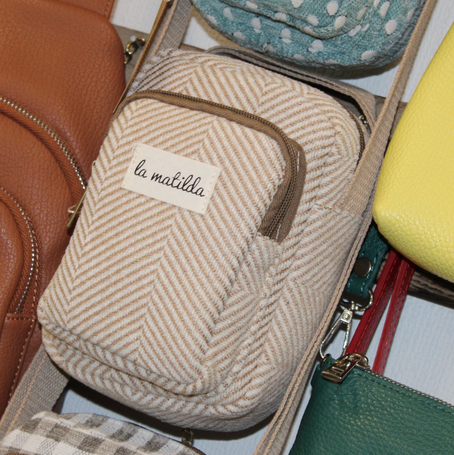 Pochette bandoulière en textile - Beige ligné taupe