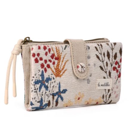 Portefeuille en coton beige à imprimés marine