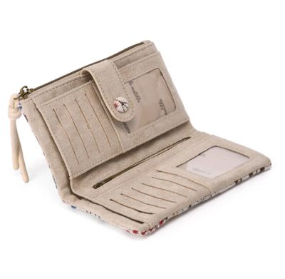 Portefeuille en coton beige à imprimés marine