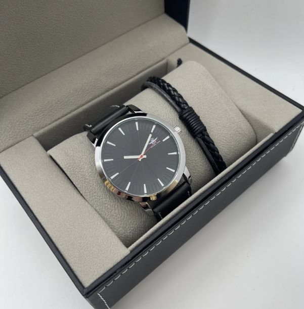 Coffret montre homme avec bijoux en cuir - Noir&amp;Blanc