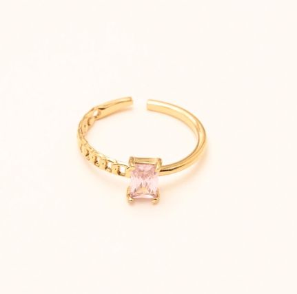 Bague solitaire en acier inoxydable avec cristal rectangulaire - Rose