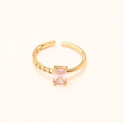 Bague solitaire en acier inoxydable avec cristal rectangulaire - Rose