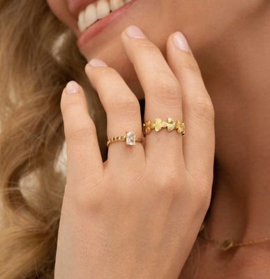 Bague solitaire en acier inoxydable avec cristal rectangulaire - Blanc