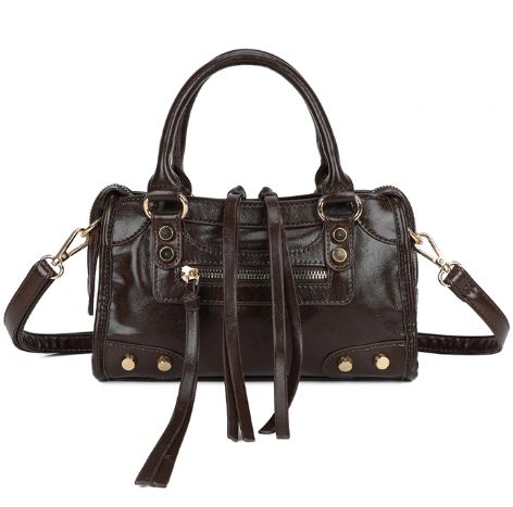 Sac à main/bandoulière en similicuir brillant - Marron
