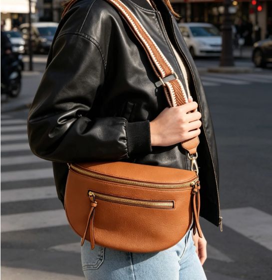 Sac banane à double zip en similicuir - Cognac