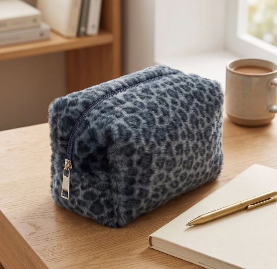 Trousse en fourrure synthétique imprimé léopard - Bleu
