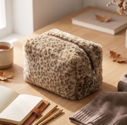 Trousse en fourrure synthétique imprimé léopard - Taupe