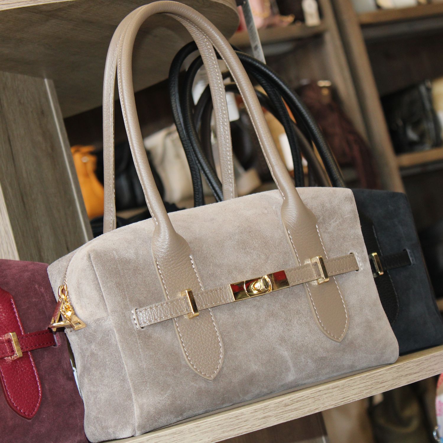 Sac polochon en cuir et daim - Taupe