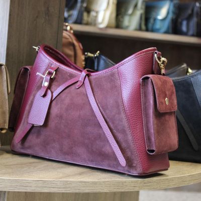 Sac épaule/bandoulière en cuir et daim - Bordeaux