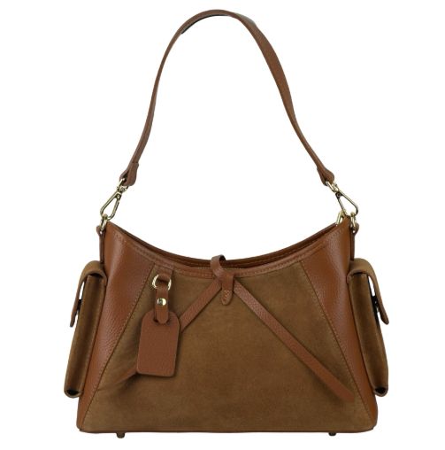 Sac épaule/bandoulière en cuir et daim - Cognac