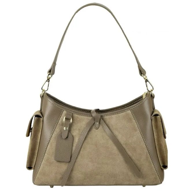 Sac épaule/bandoulière en cuir et daim - Taupe