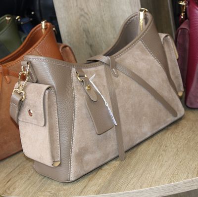 Sac épaule/bandoulière en cuir et daim - Taupe