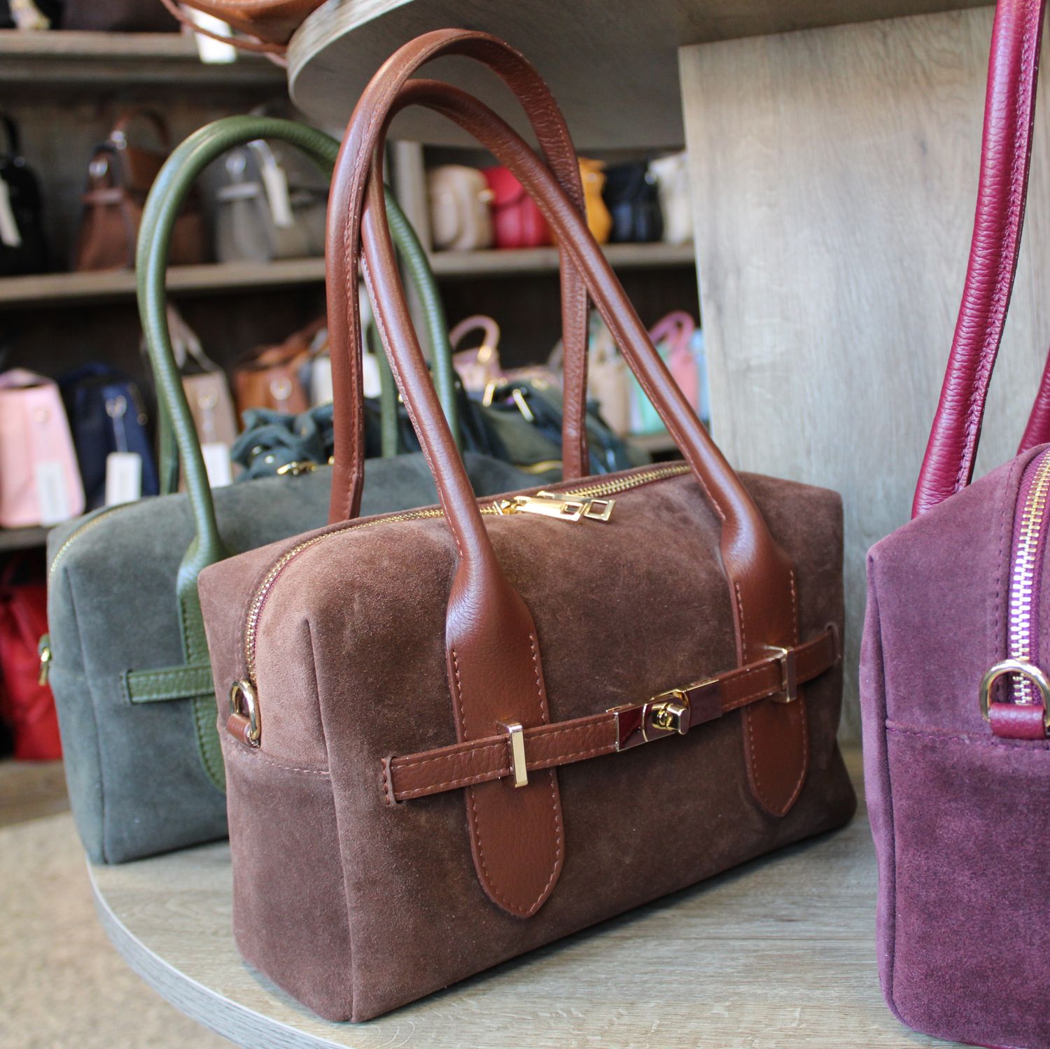 Sac polochon en cuir et daim - Cognac