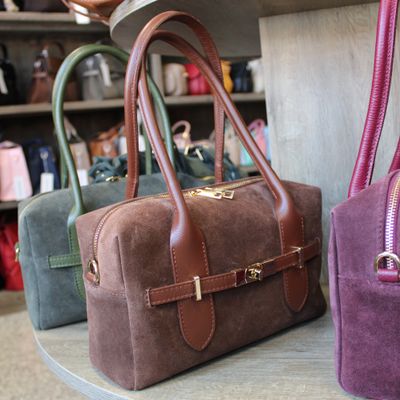 Sac polochon en cuir et daim - Cognac